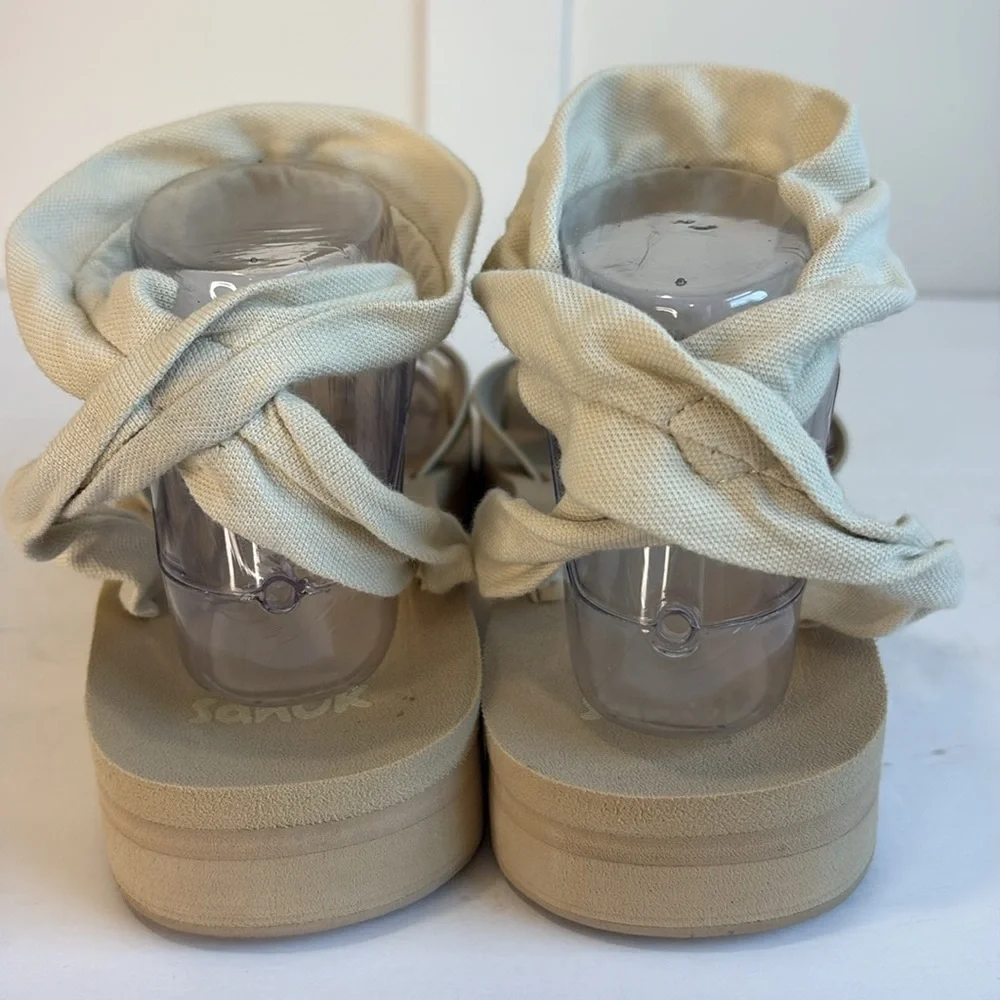 Sanuk Highland Sling Beige Leather and Fabric Platform Ankle Sandal